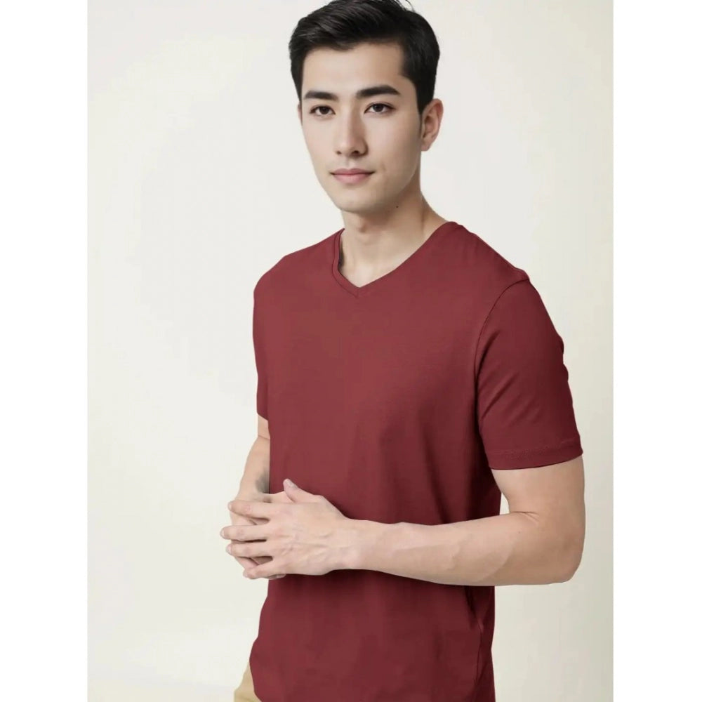 Men's Casual Half sleeve Solid Cotton V Neck T-shirt (Maroon)