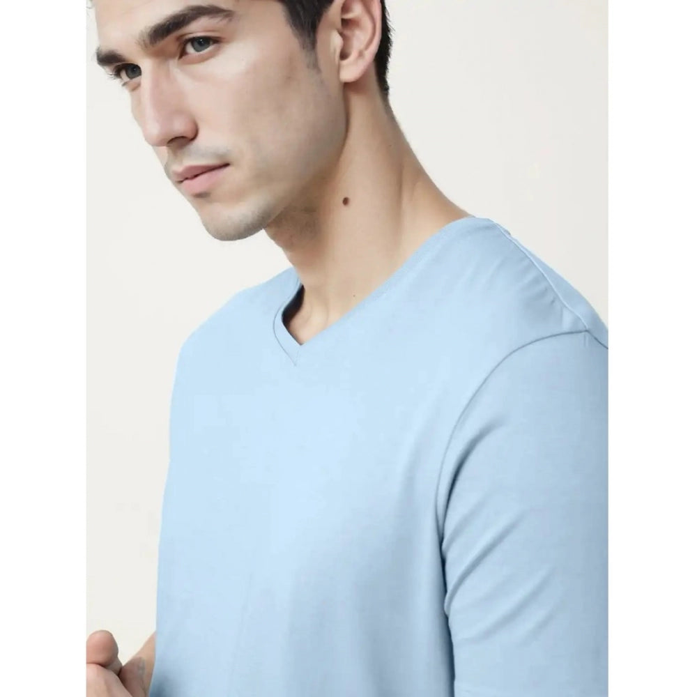 Men's Casual Half sleeve Solid Cotton V Neck T-shirt (Sky)