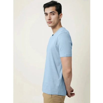 Men's Casual Half sleeve Solid Cotton V Neck T-shirt (Sky)