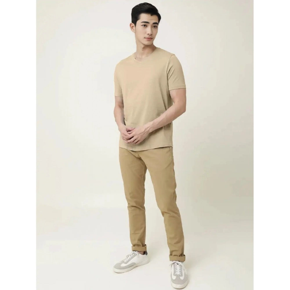 Men's Casual Half sleeve Solid Cotton V Neck T-shirt (Beige)