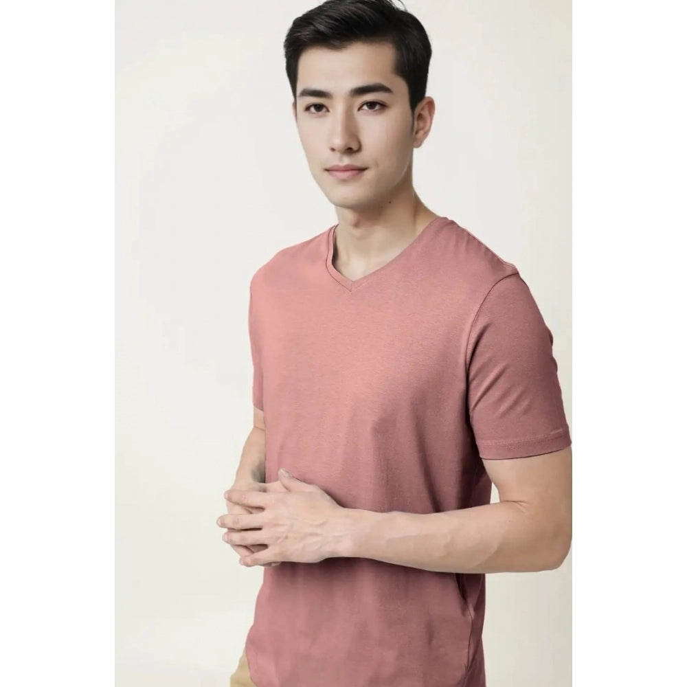 Men's Casual Half sleeve Solid Cotton V Neck T-shirt (Onion)