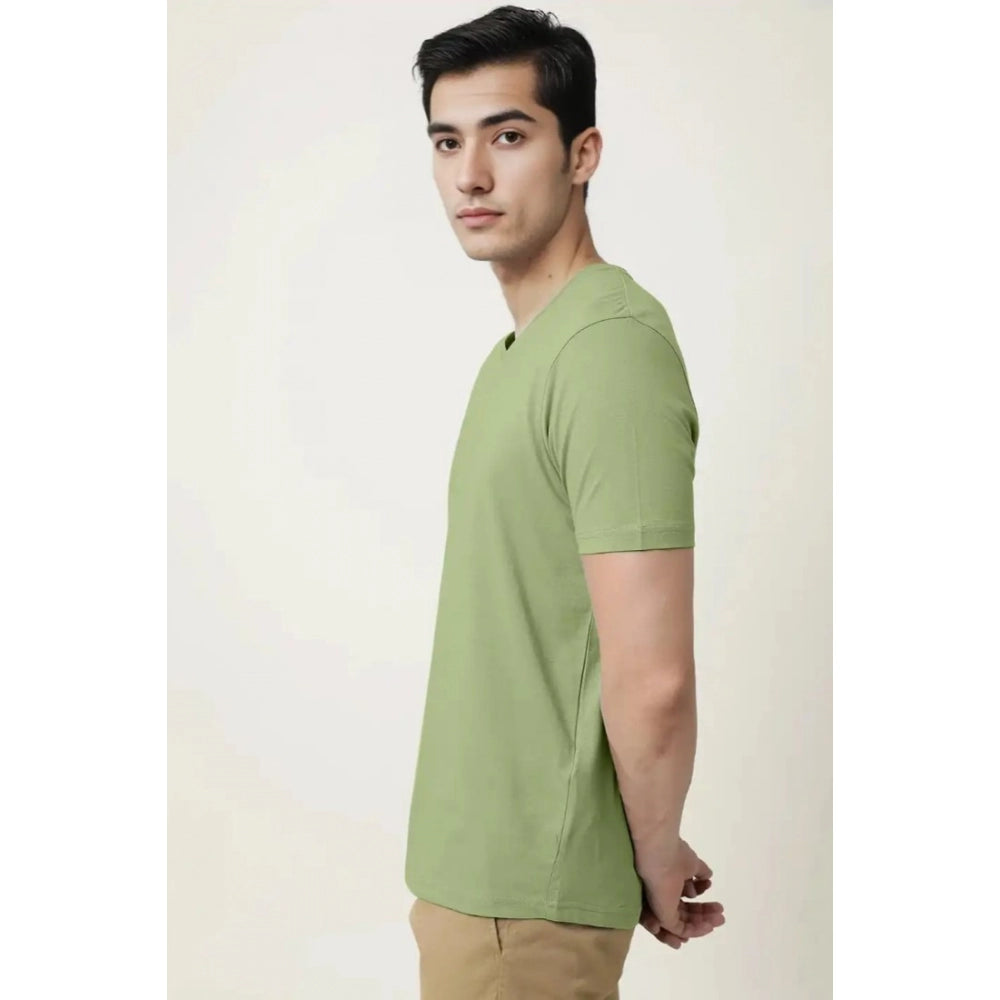 Men's Casual Half sleeve Solid Cotton V Neck T-shirt (Pista)