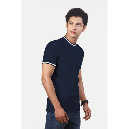 Men's Casual Half sleeve Solid Polyester Crew Neck T-shirt (Navy)