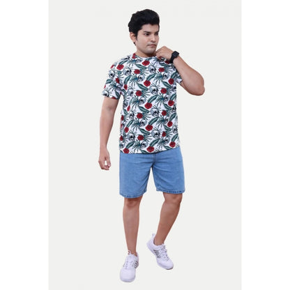 Men's Casual Half sleeve Floral Printed Cotton Crew Neck T-shirt (White)