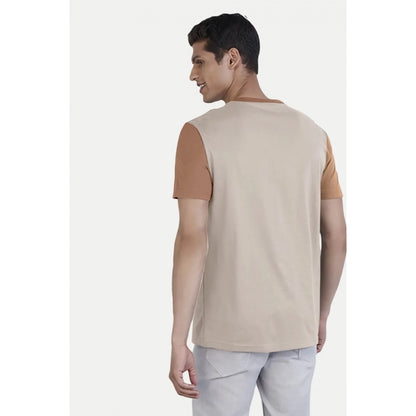 Men's Casual Half sleeve Printed Cotton Crew Neck T-shirt (Cream)