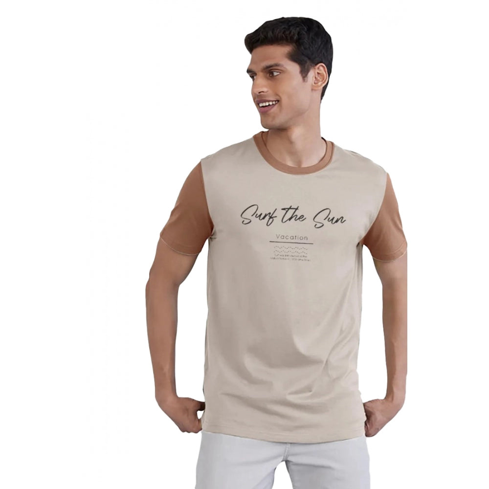 Men's Casual Half sleeve Printed Cotton Crew Neck T-shirt (Cream)