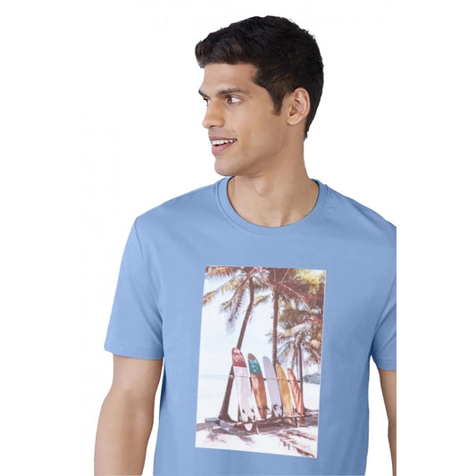 Men's Casual Half sleeve Digital Printed Cotton Crew Neck T-shirt (Sky Blue)