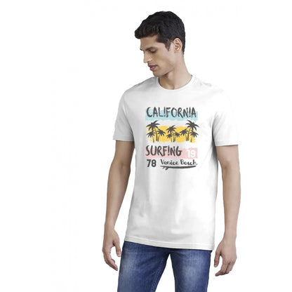 Men's Casual Half sleeve Printed Polyester Crew Neck T-shirt (White)