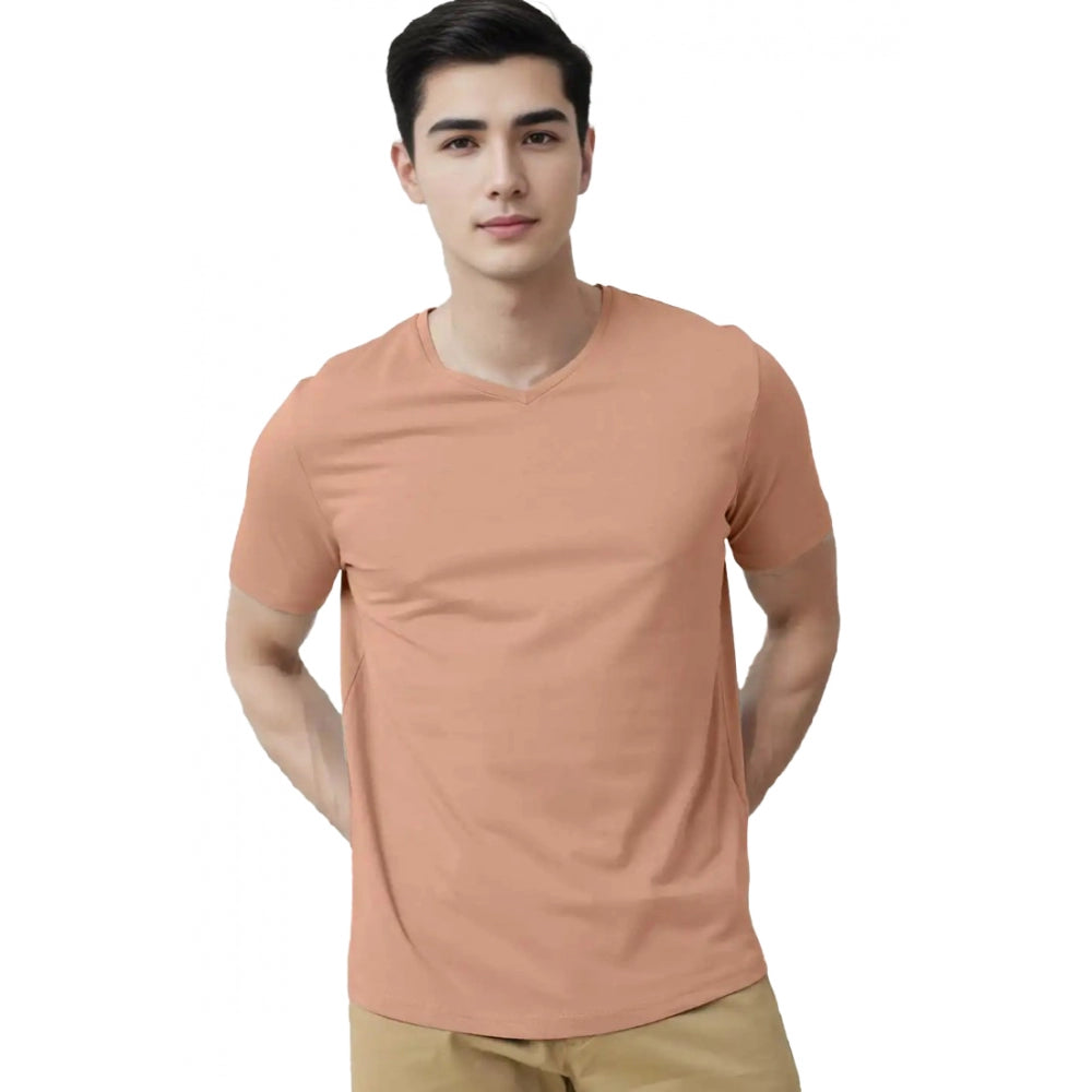 Men's Casual Half sleeve Solid Cotton V Neck T-shirt (Peach)