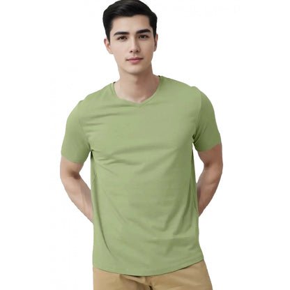 Men's Casual Half sleeve Solid Cotton V Neck T-shirt (Pista)