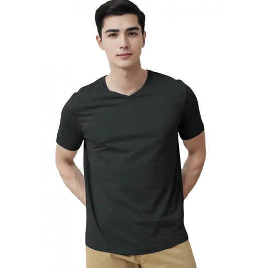 Men's Casual Half sleeve Solid Cotton V Neck T-shirt (Black)