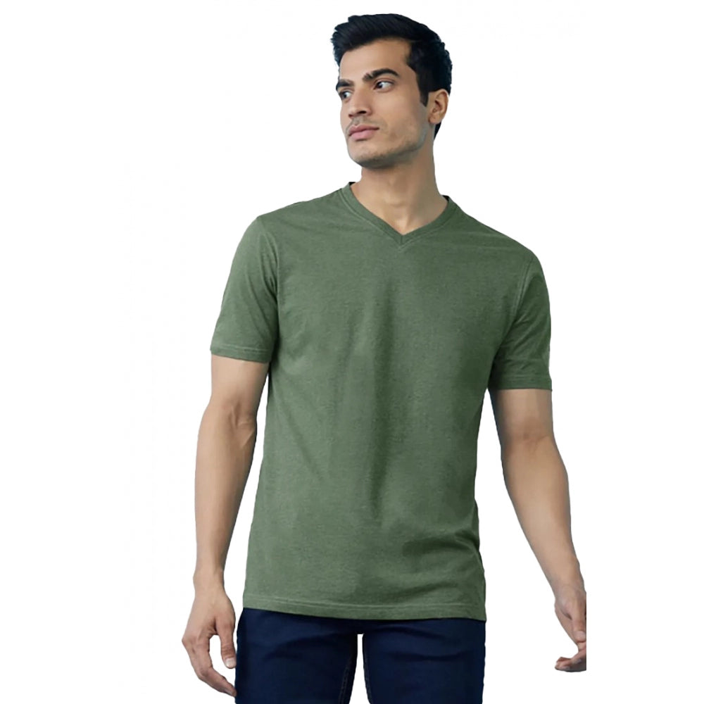 Men's Casual Half sleeve Solid Cotton V Neck T-shirt (Green)