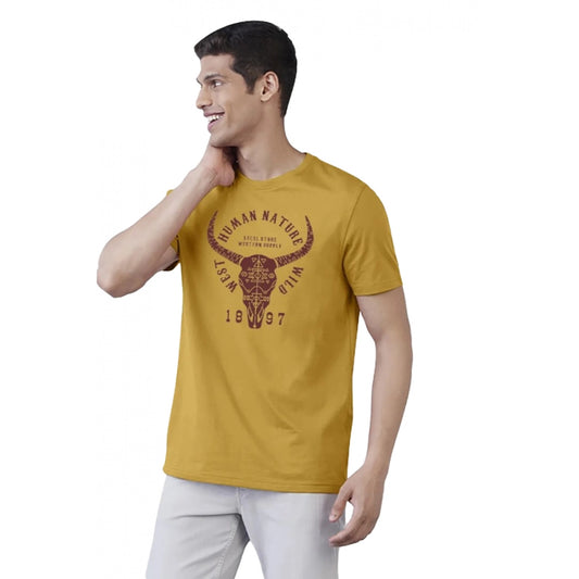 Men's Casual Half sleeve Printed Polyester Crew Neck T-shirt (Mustard)