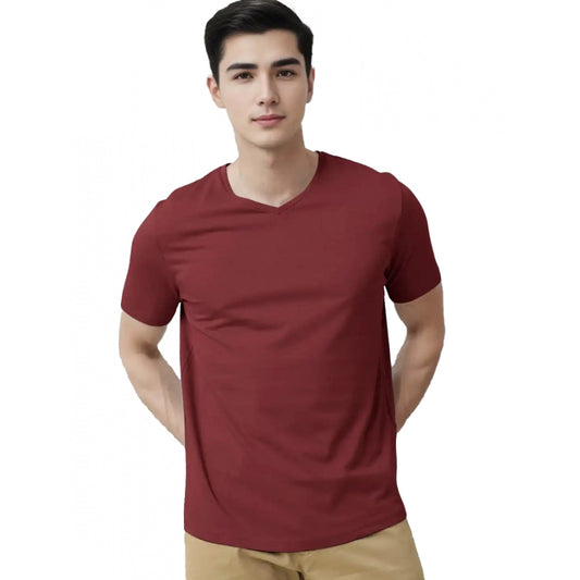 Men's Casual Half sleeve Solid Cotton V Neck T-shirt (Maroon)