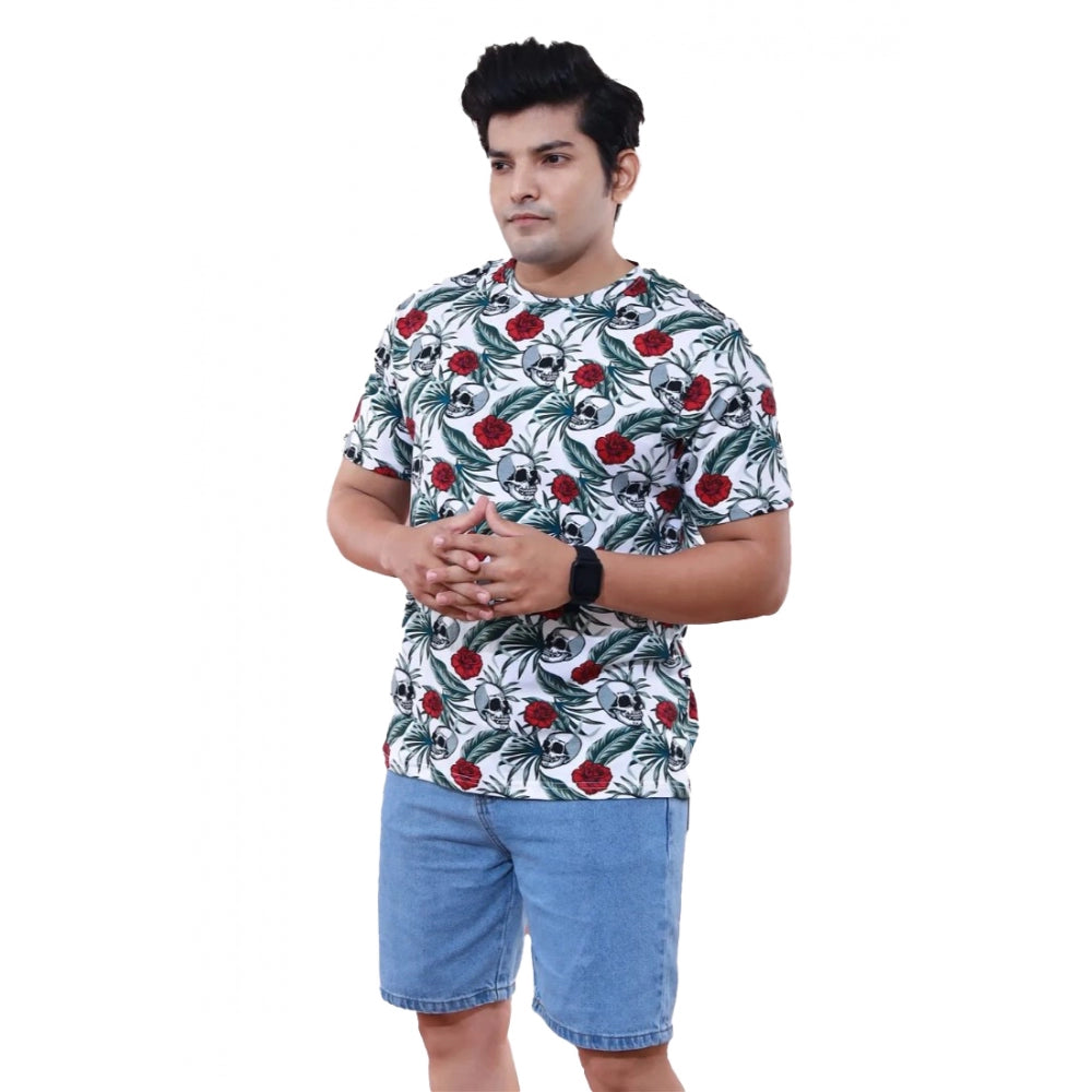 Men's Casual Half sleeve Floral Printed Cotton Crew Neck T-shirt (White)