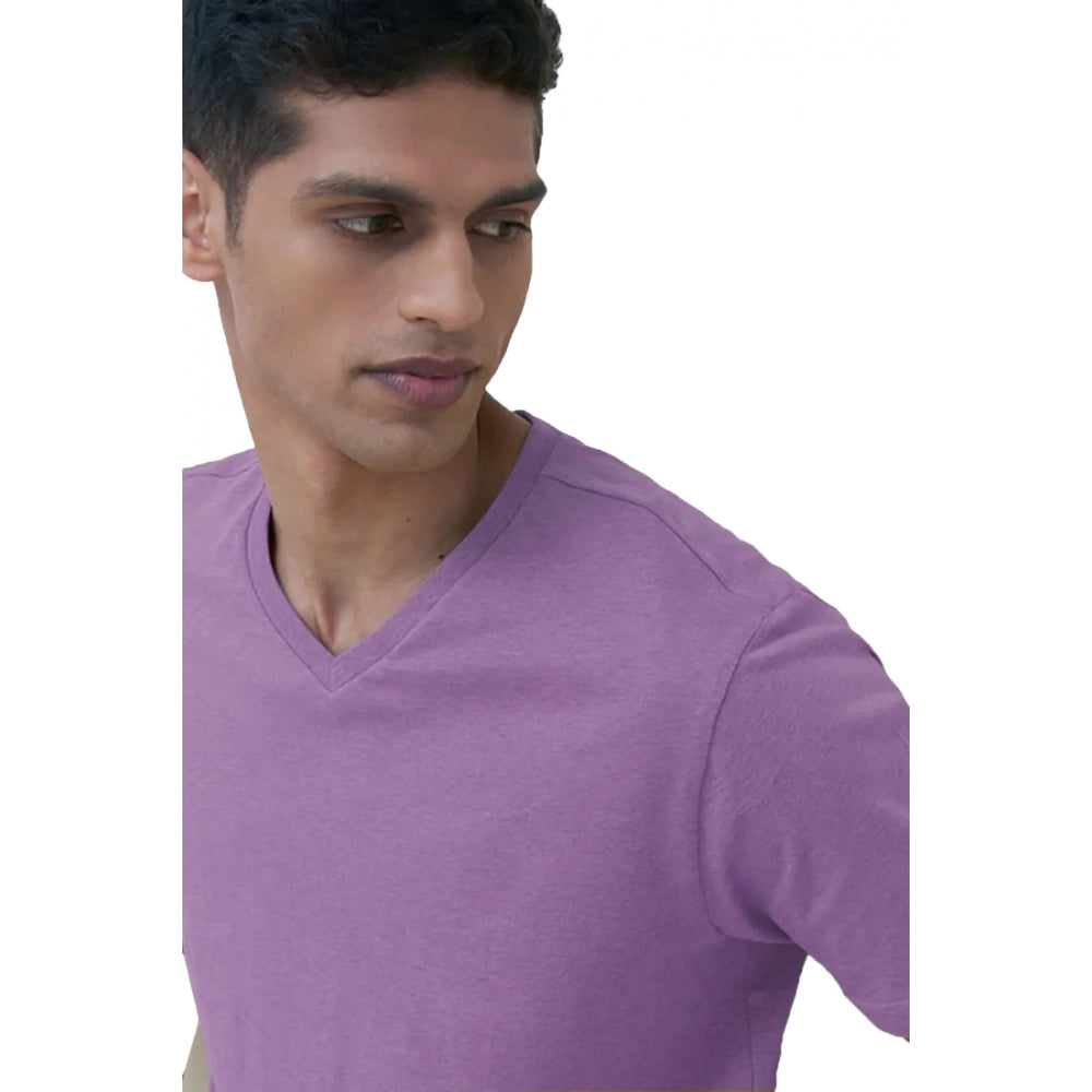 Men's Casual Half sleeve Solid Cotton V Neck T-shirt (Lilac)