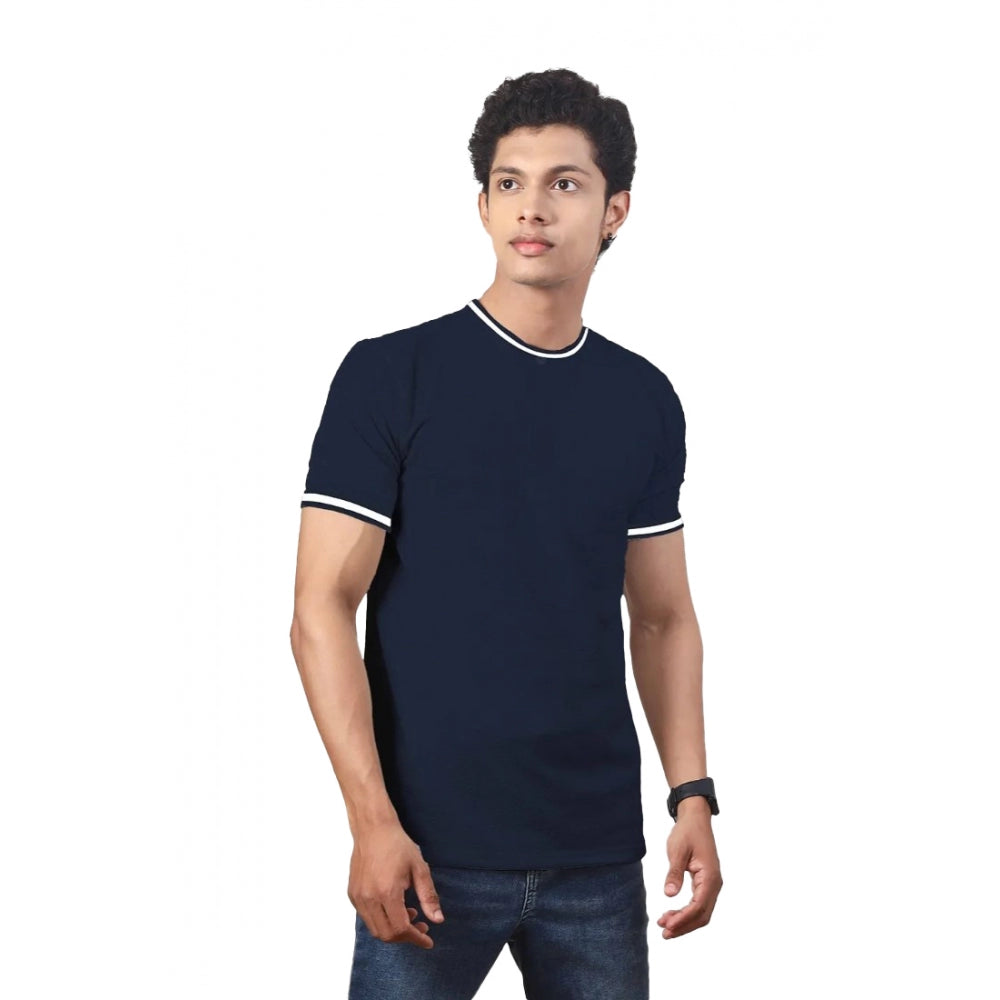 Men's Casual Half sleeve Solid Polyester Crew Neck T-shirt (Navy)