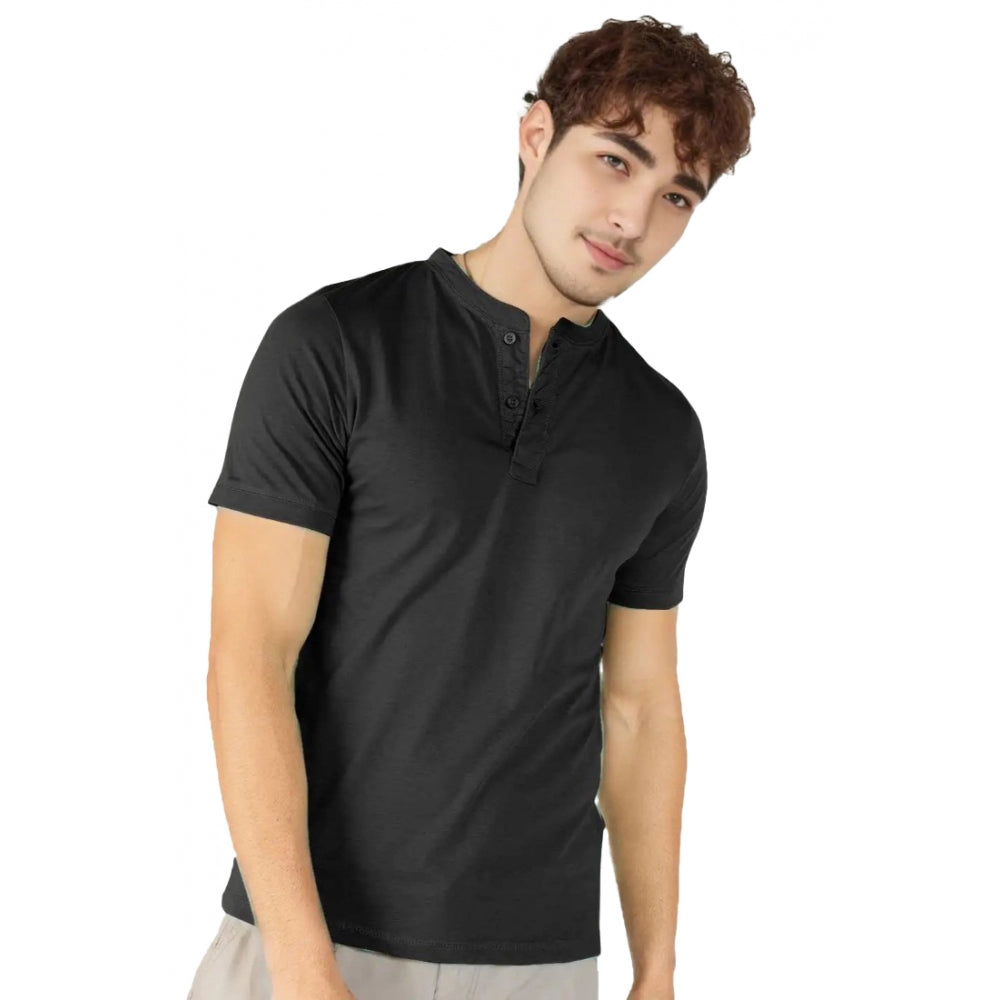 Men's Casual Half sleeve Solid Cotton Henley Neck T-shirt (Black)