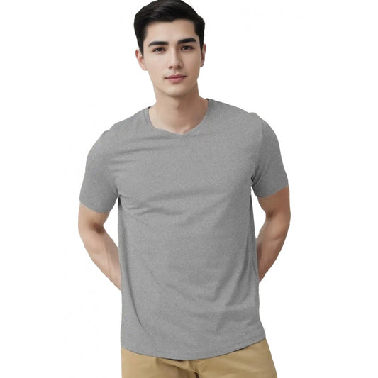 Men's Casual Half sleeve Solid Cotton V Neck T-shirt (Grey Melange)