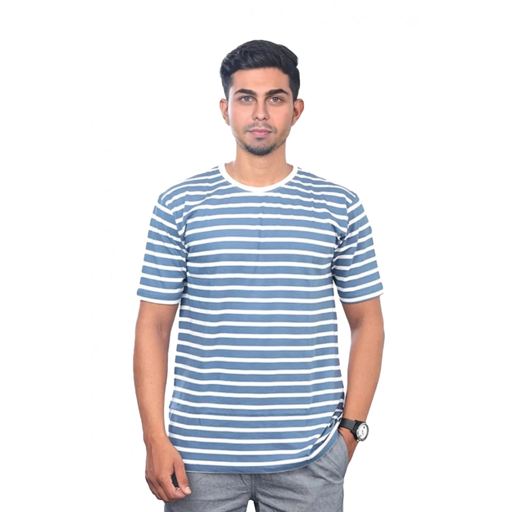 Men's Casual Half sleeve Stripped Cotton Crew Neck T-shirt (Blue)