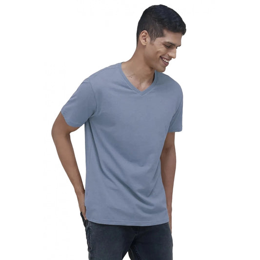 Men's Casual Half sleeve Solid Cotton V Neck T-shirt (Blue)