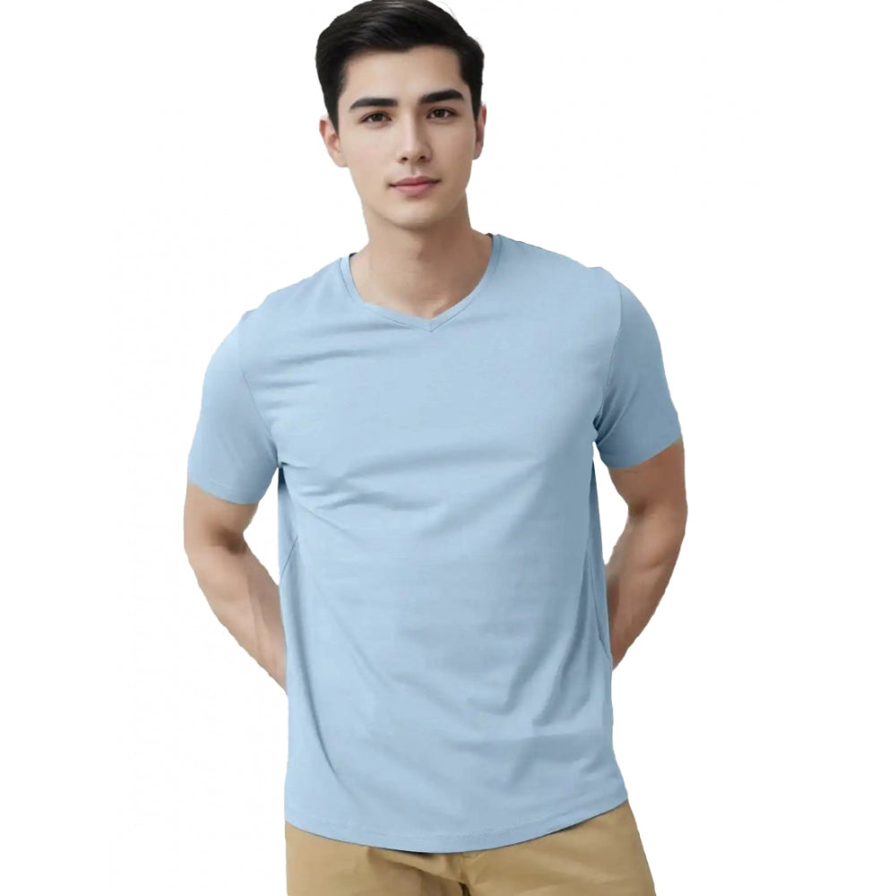 Men's Casual Half sleeve Solid Cotton V Neck T-shirt (Sky)