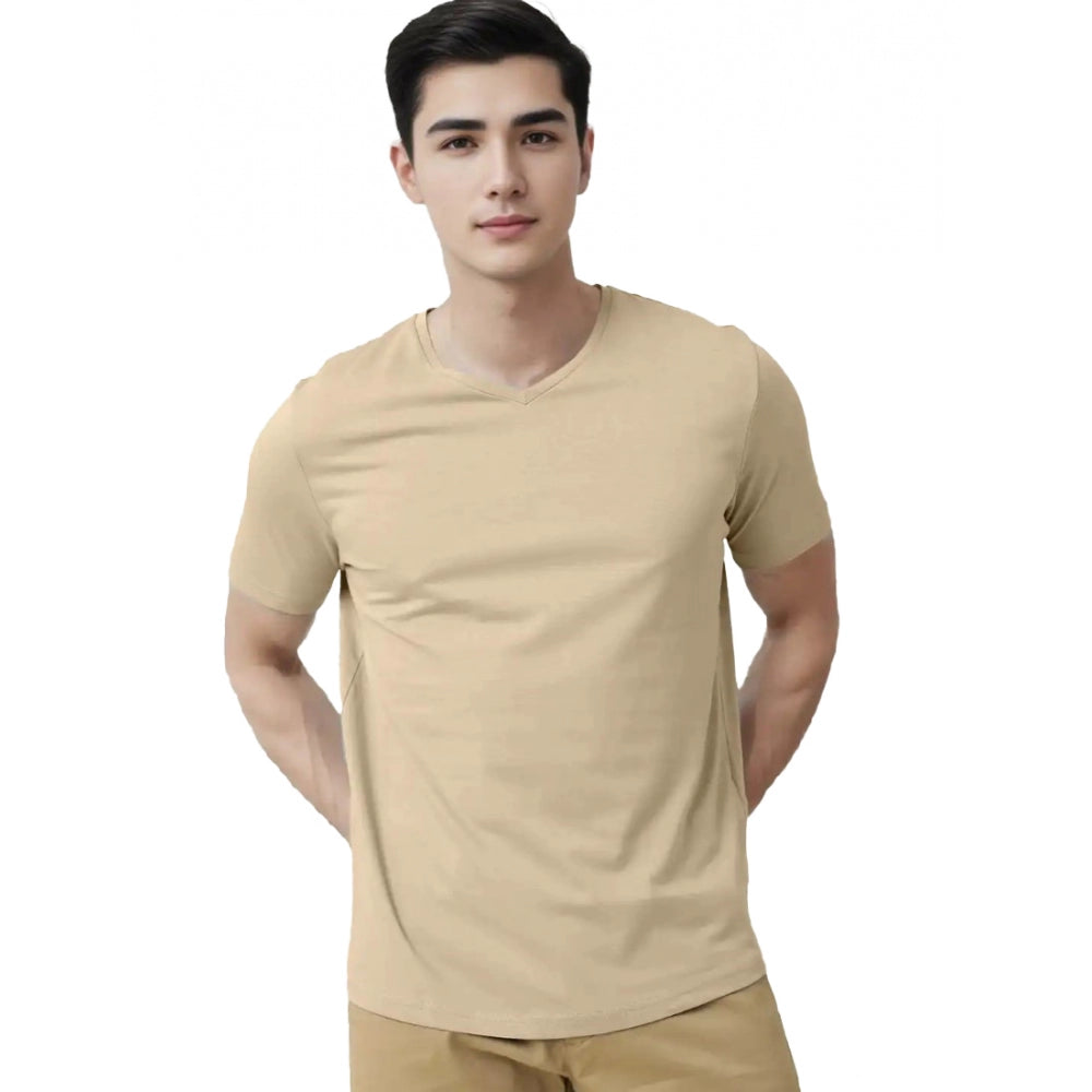 Men's Casual Half sleeve Solid Cotton V Neck T-shirt (Beige)