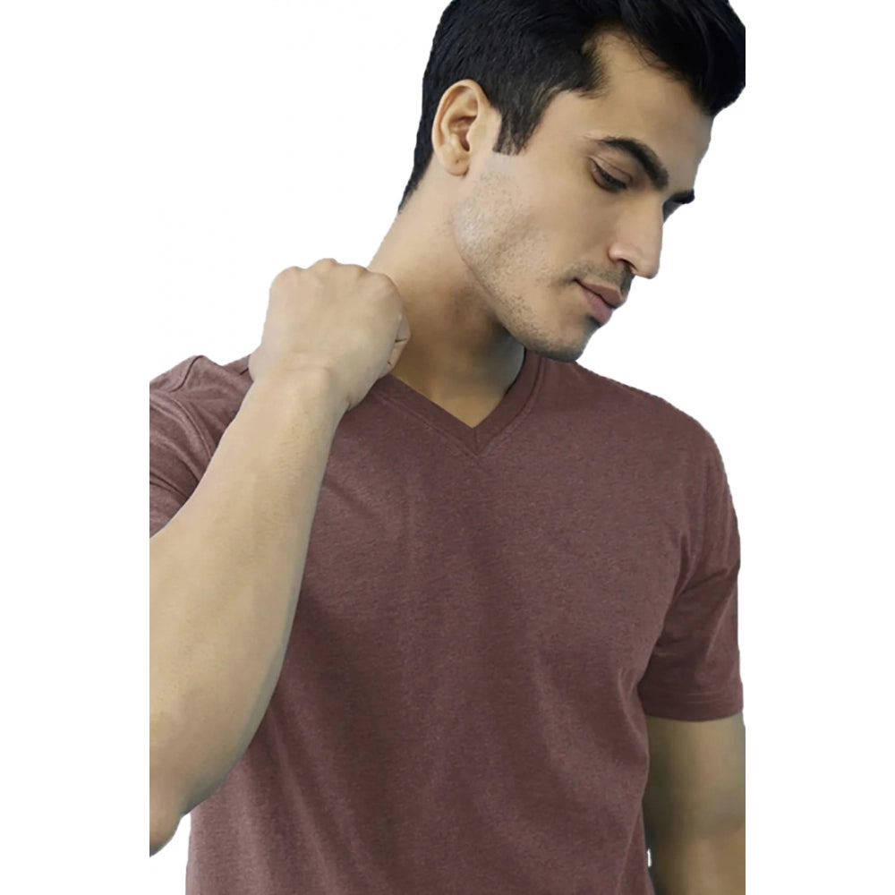 Men's Casual Half sleeve Solid Cotton V Neck T-shirt (Light Brown)