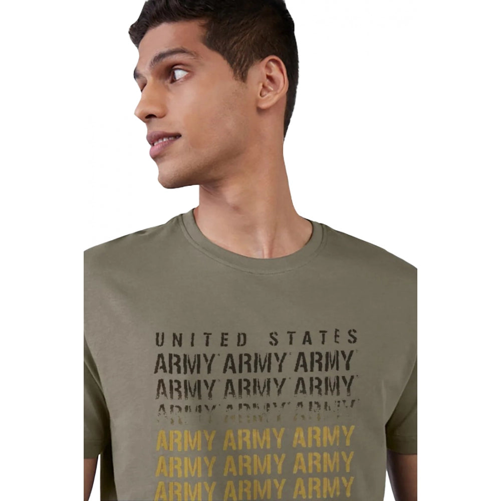 Men's Casual Half sleeve Printed Cotton Crew Neck T-shirt (Olive)