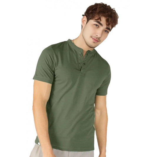 Men's Casual Half sleeve Solid Cotton Henley Neck T-shirt (Olive)