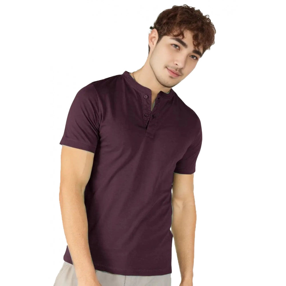 Men's Casual Half sleeve Solid Cotton Henley Neck T-shirt (Wine)