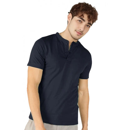 Men's Casual Half sleeve Solid Cotton Henley Neck T-shirt (Airforce)