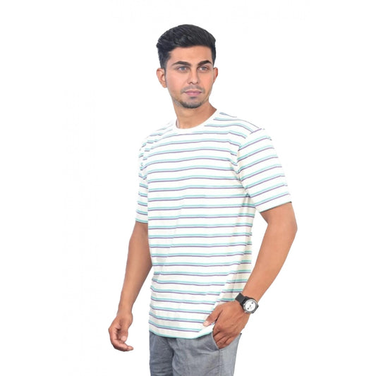 Men's Casual Half sleeve Stripped Cotton Crew Neck T-shirt (White)