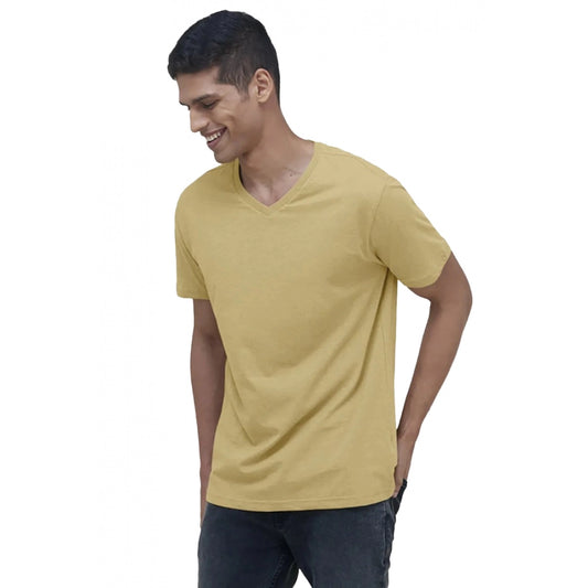 Men's Casual Half sleeve Solid Cotton V Neck T-shirt (Sand)