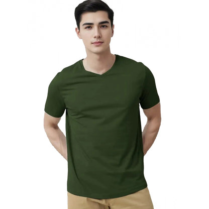 Men's Casual Half sleeve Solid Cotton V Neck T-shirt (Olive)