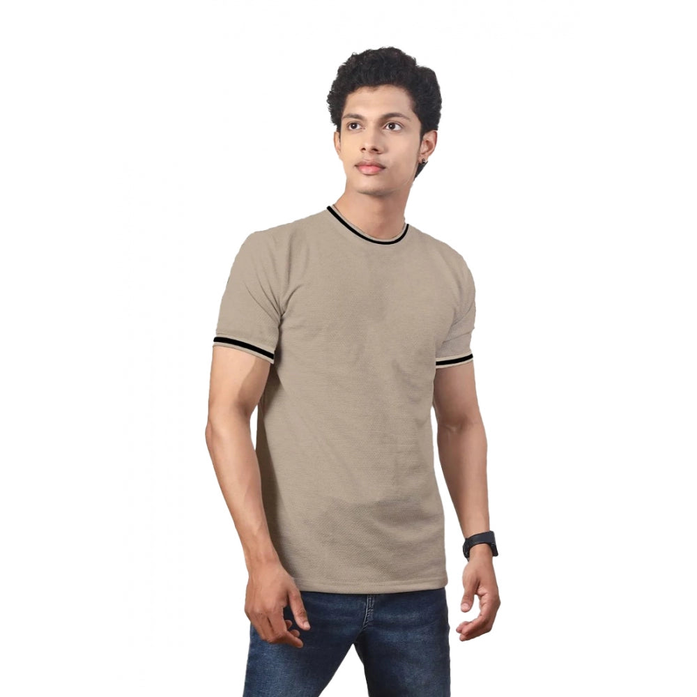 Men's Casual Half sleeve Solid Polyester Crew Neck T-shirt (Beige)