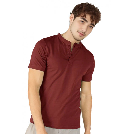 Men's Casual Half sleeve Solid Cotton Henley Neck T-shirt (Maroon)