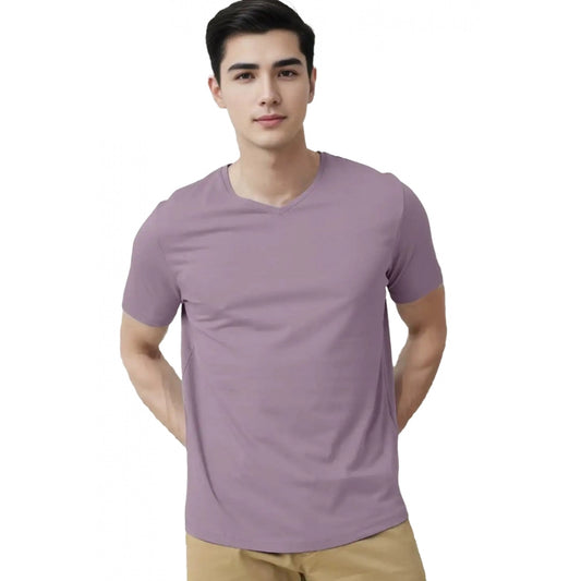 Men's Casual Half sleeve Solid Cotton V Neck T-shirt (Lavender)