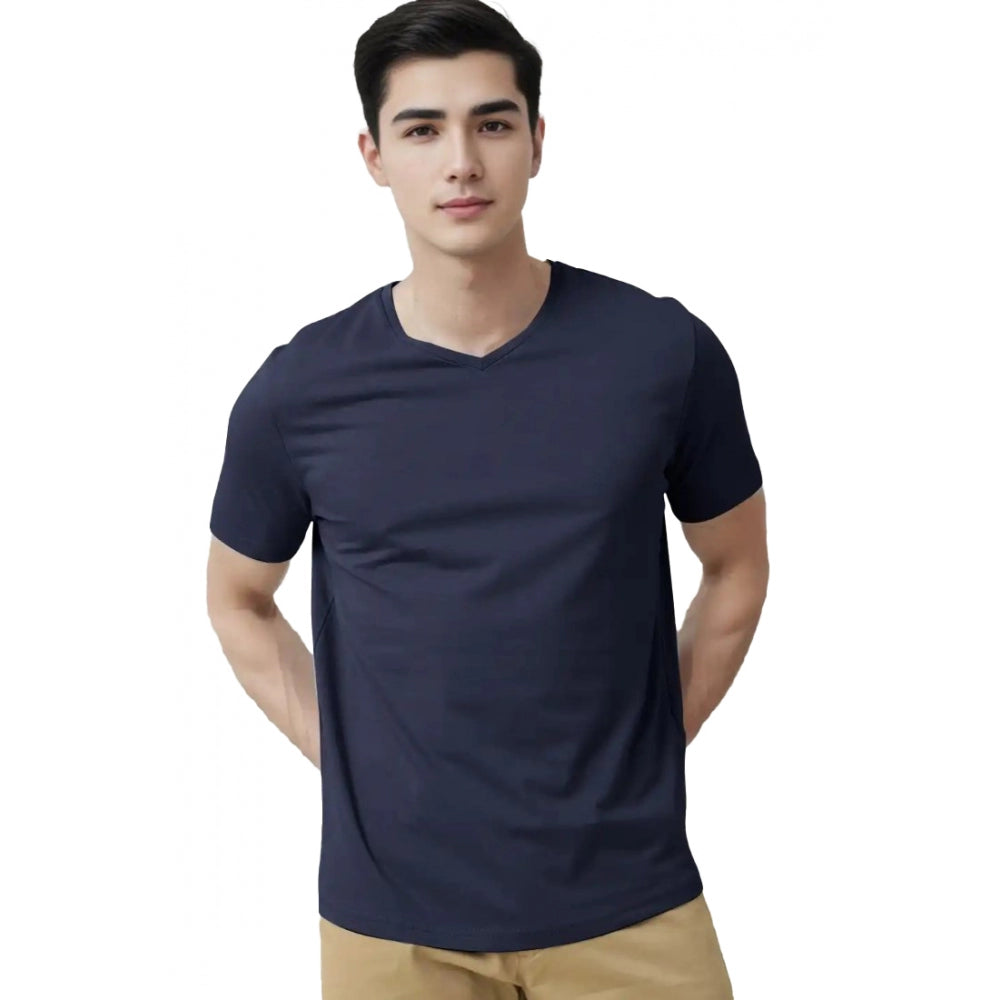 Men's Casual Half sleeve Solid Cotton V Neck T-shirt (Navy)