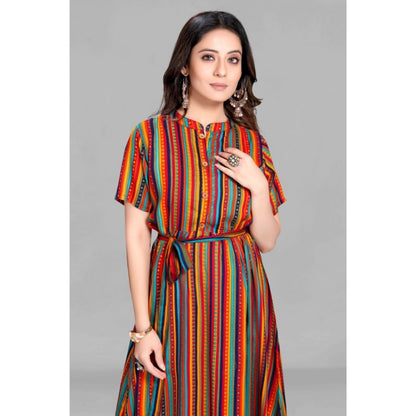 Generic Women's Casual 3/4 Sleeve Viscose Rayon Strip Kurti (Multicolor)