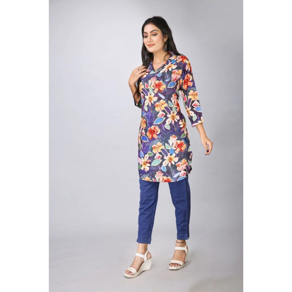 Women's Casual 3/4 Sleeve Viscose Rayon Printed Kurti (Blue)