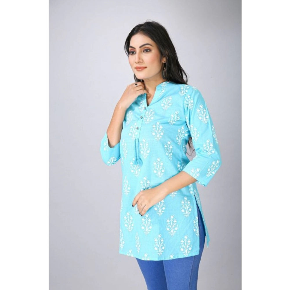 Generic Women's Casual 3/4 Sleeve Cotton Blend Printed Kurti (Light Blue)