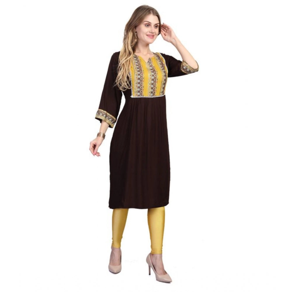 Generic Women's Casual 3/4 Sleeve Viscose Rayon Printed Kurti (Brown)