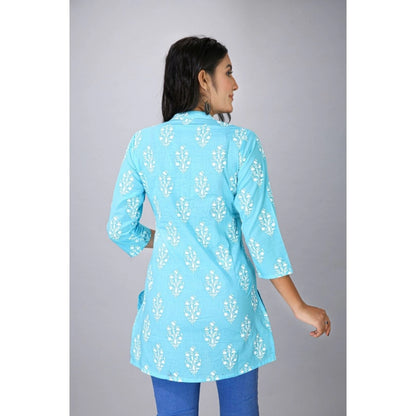 Generic Women's Casual 3/4 Sleeve Cotton Blend Printed Kurti (Light Blue)