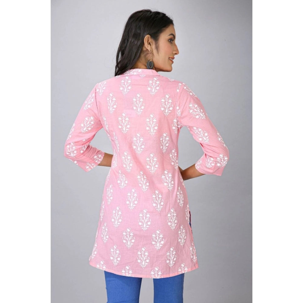 Women's Casual 3/4 Sleeve Cotton Blend Printed Kurti (Pink)