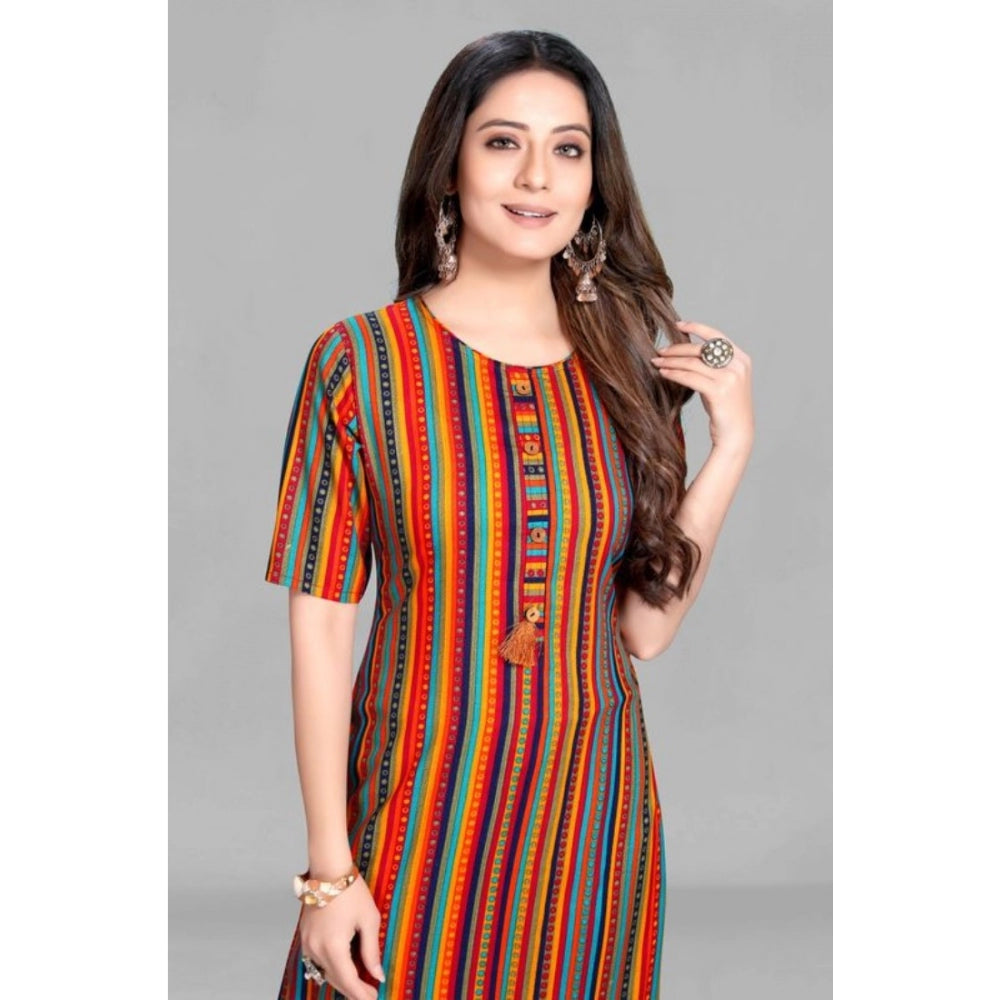 Generic Women's Casual 3/4 Sleeve Viscose Rayon Strip Kurti (Multicolor)