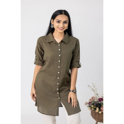 Generic Women's Casual 3/4 Sleeve Viscose Rayon Solid Kurti (Dark Green)