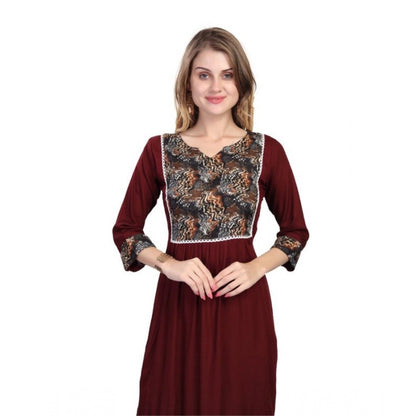 Generic Women's Casual 3/4 Sleeve Viscose Rayon Printed Kurti (Brown)