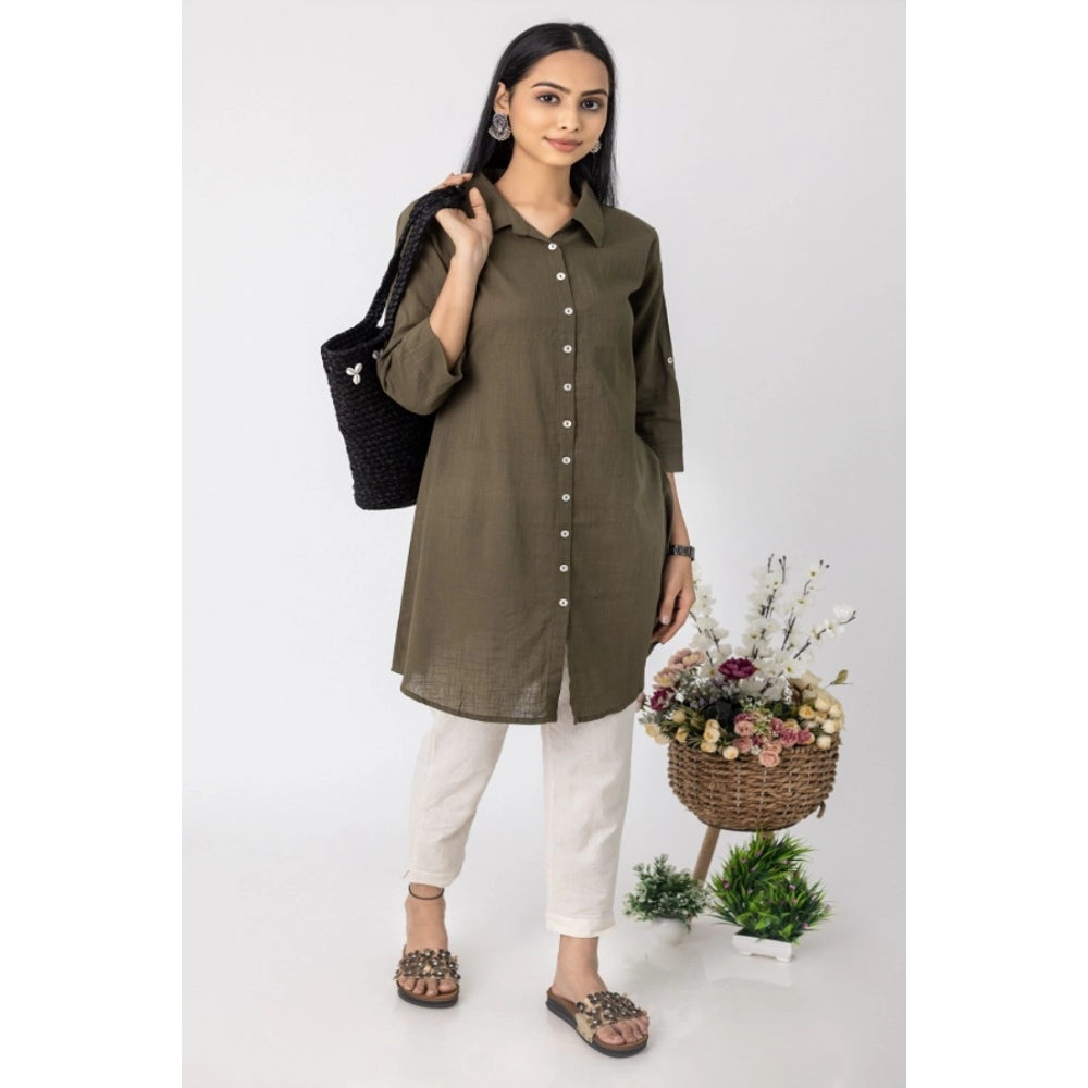 Generic Women's Casual 3/4 Sleeve Viscose Rayon Solid Kurti (Dark Green)