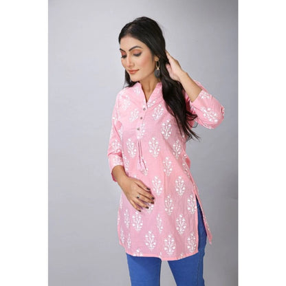 Women's Casual 3/4 Sleeve Cotton Blend Printed Kurti (Pink)